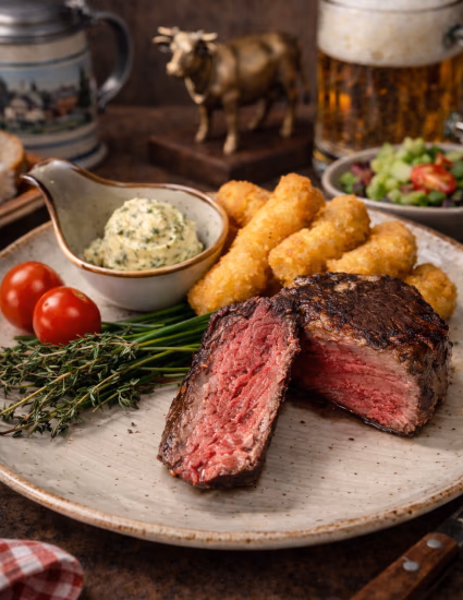 Rumpsteak mit hausgemachten Kroketten und Kräuterbutter