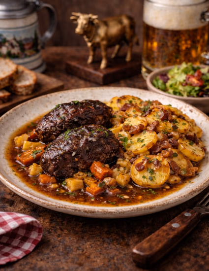 Geschmorte Schweinebäckchen mit Trollingerjus und Bratkartoffeln