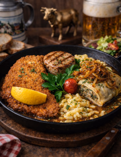 Wirtshauspfanne mit paniertem Schnitzel, Käsespätzle und Maultasche